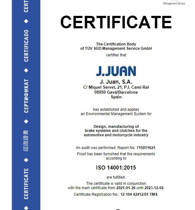 J.Juan obtains an excellent in ISO 14001